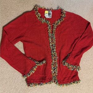 Curio vintage red knit cardigan with multi-color fringe trim M